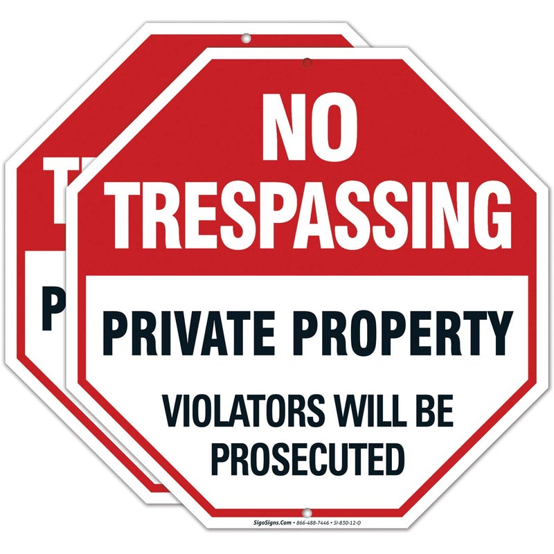 Sigo Signs No Trespassing Sign, Private Property Sign, (2 Pack) 12x12 Inches, Rust Free .040 Aluminum, Fade Resistant, Made in USA - Image 1
